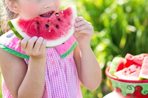 girl in pink dress eating watermelon slice