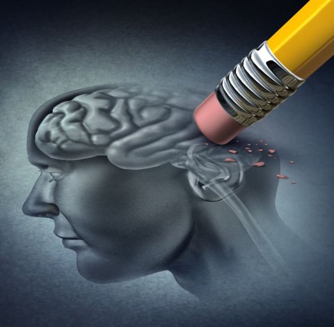 eraser on pencil erasing drawing of human brain, illustration for memory loss, dementia