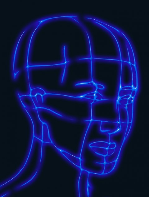 blue wireframe model of human head