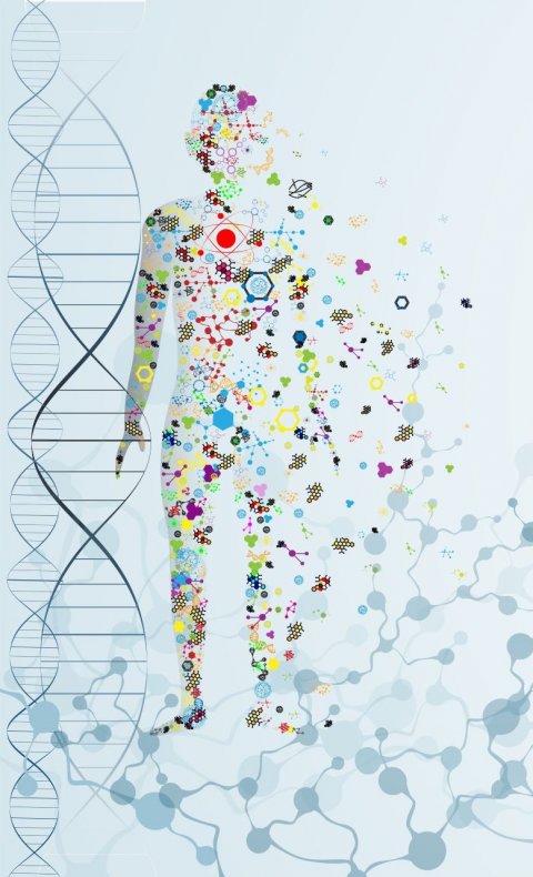 silhouette of human body comprised of molecules and dna strands