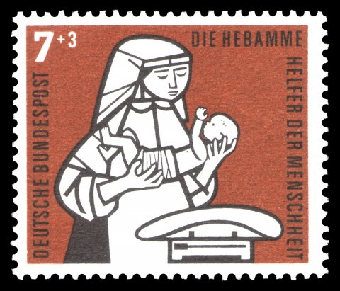 german stamp with midwife illustration