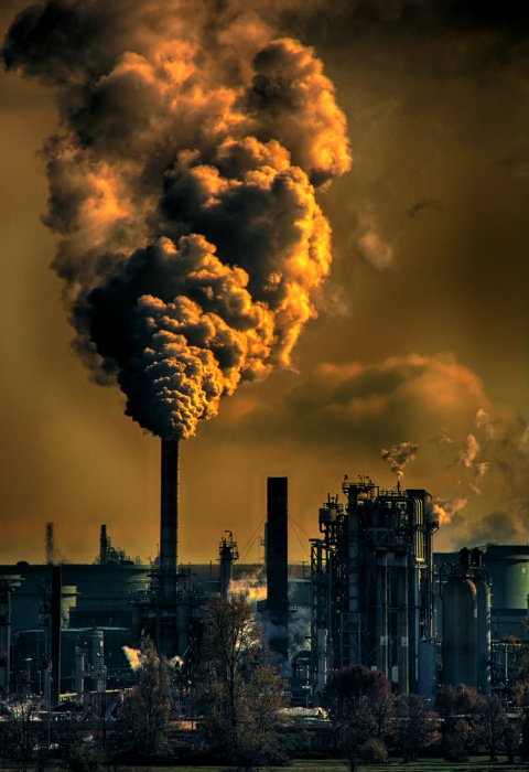 air pollution from industrial activity, factory buildings