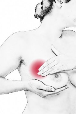 stylized woman examining her breast for signs of cancer
