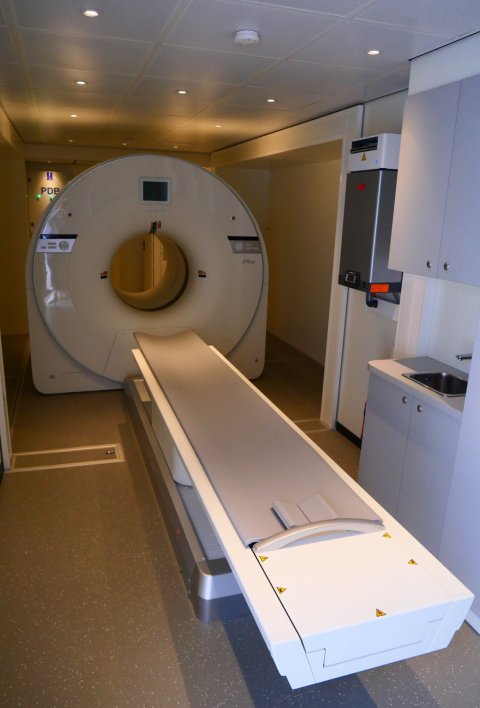 Interior of a mobile radiology truck, with a PET-CT scanner