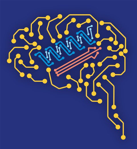 Illustration of yellow circuitry shaped like a human brain on blue background