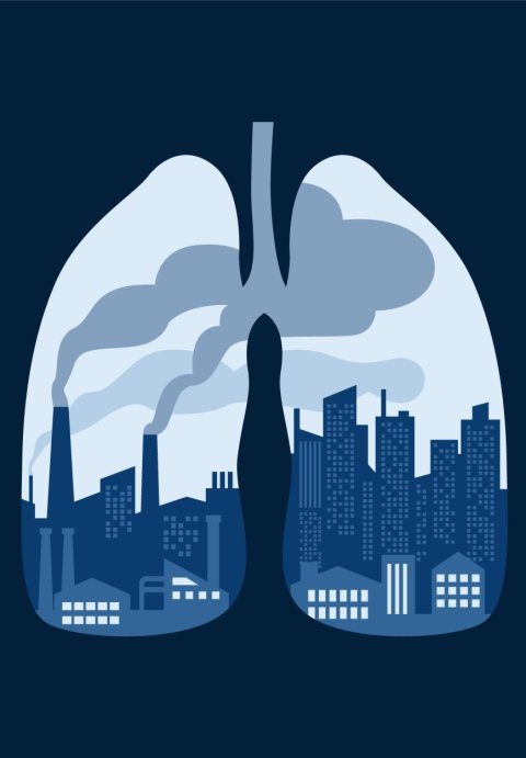 Illustration of human lungs, filled with an industrial landscape with factories and air pollution