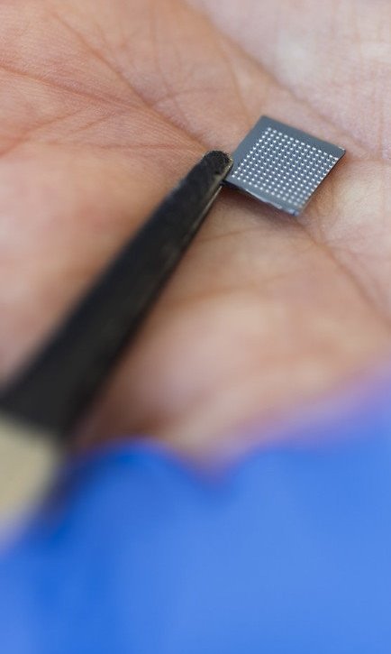 Closeup photo of a small black square patch being held in the palm of a hand by a pair of tweezers