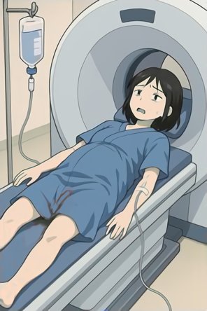 An anime-style illustration of a pregnant woman lying in an MRI machine, with an IV drip attached to her right arm. She is looking distraught