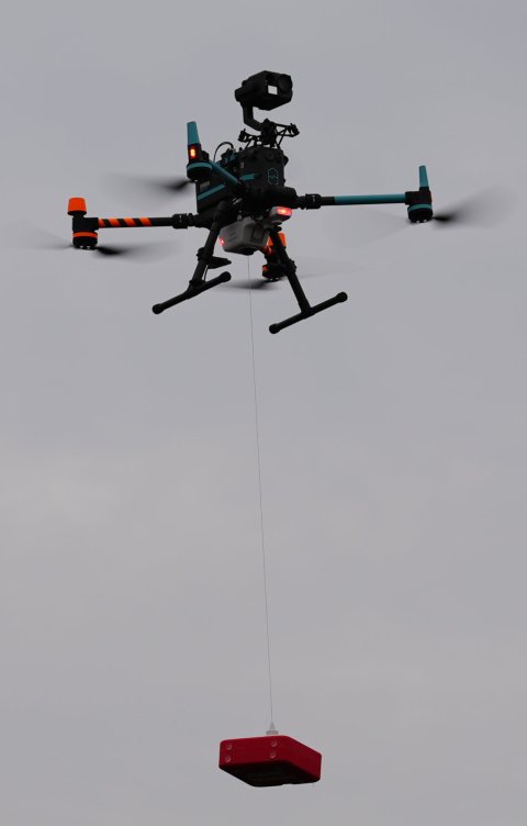 A flying drone is lowering a smal rectangular box along a thin line