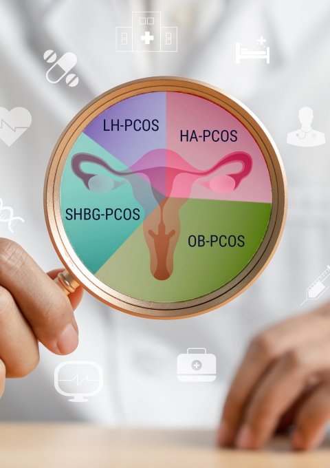 An image of woman's ovaries, divided by different coloured subtypes, in a magnifying glass held by a doctor