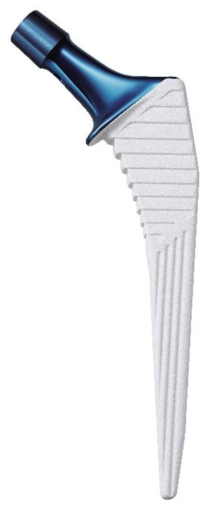 A femoral hip replacement implant on a clean white background