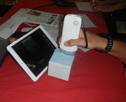 Wireless transducer (LA) being used in a training session on the recognition of artefacts (phantom).