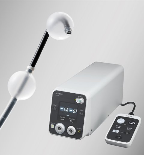 Product photo of a balloon endoscope and its control unit, against a plain grey background