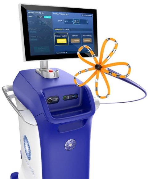 Product photo of a blue and white pulsed field ablation system against a clean white background