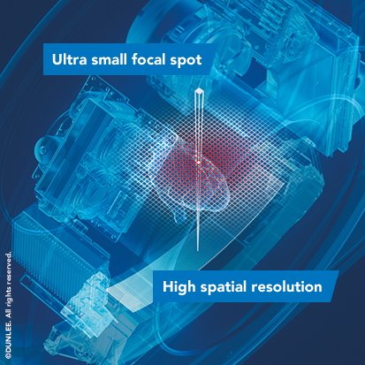 3D illustration of CT imaging of a heart, labelled with Ultra small focal spot and High spatial resolution
