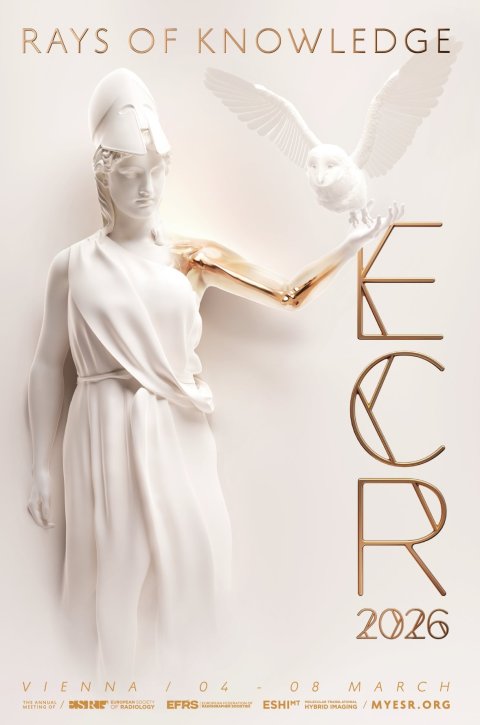 Congress poster for the ECR European Congress of Radiology 2026, featuring a statue of Athene, a flying owl, and the ECR logo in golden letters