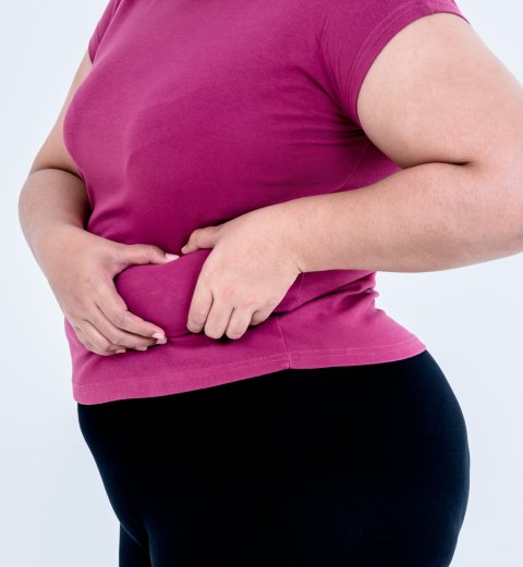 Ober- und Unterkörper einer übergewichtigen Frau, die mit beiden Händen ein Speckröllchen an ihrer Taille umfasst