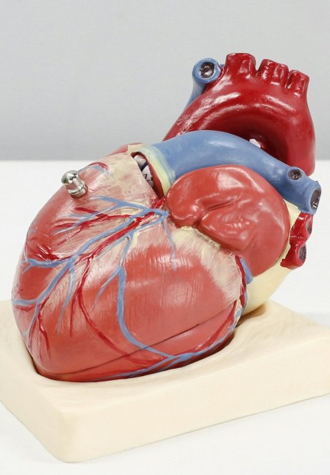 Ein anatomisches Modell des menschlichen Herzens auf einer weißen Tischplatte