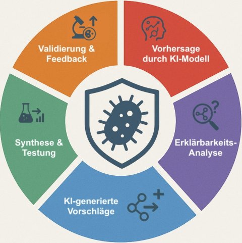 Ein in fünf farbige Segmente unterteiltes Kreisdiagramm. In der Mitte ist ein von einem Schild umgebenes Bakterium abgebildet, als Sinnbild für Antibiotika-resistente Erreger