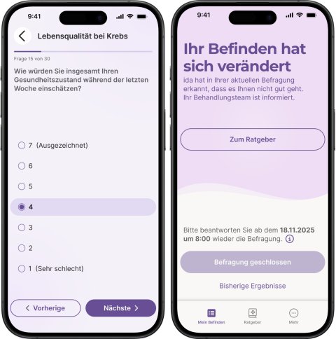 Screenshot einer App auf dem Smartphone, ein Fragebogen erfasst das Befinden von Patienten bei einer Krebserkrankung