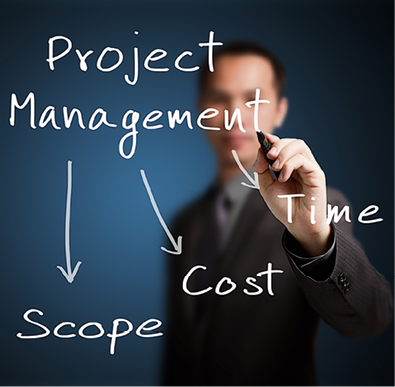 business man writing project management concept of time, cost and scope